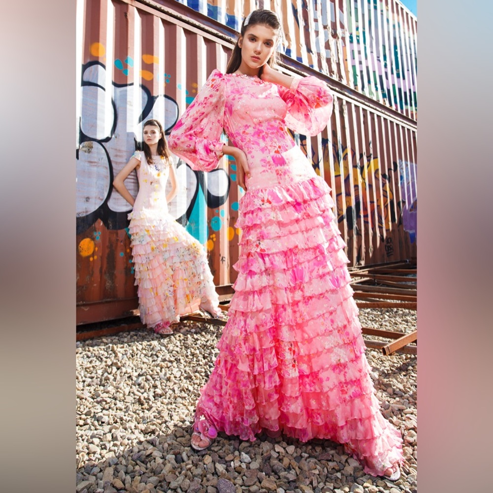 Salvatore Piccione SS20 Floral 100% Silk Maxi Dress in Pink Size 42